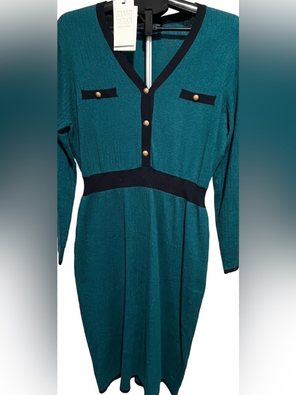 Grace Karin Teal Long Sleeve Dress with Black Trim- size XXL